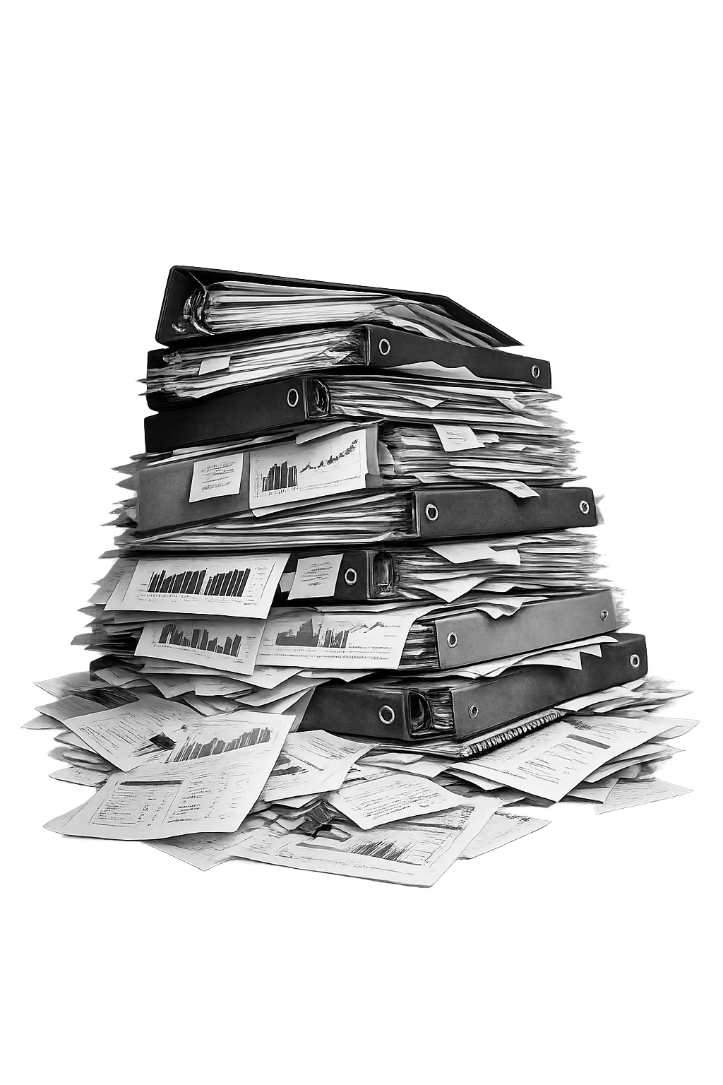 A towering pile of binders, printouts, and reports